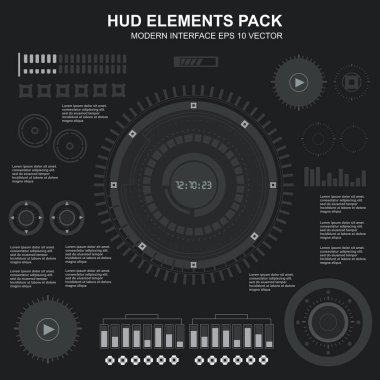 Düz tasarımda gelecekçi siyah-beyaz HUD, sanal dokunmatik kullanıcı arayüzü
