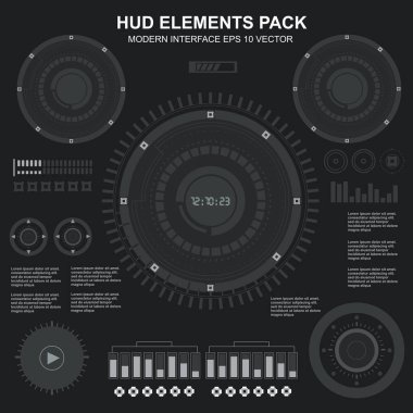 Düz tasarımda gelecekçi siyah-beyaz HUD, sanal dokunmatik kullanıcı arayüzü