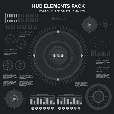 Düz tasarımda gelecekçi siyah-beyaz HUD, sanal dokunmatik kullanıcı arayüzü