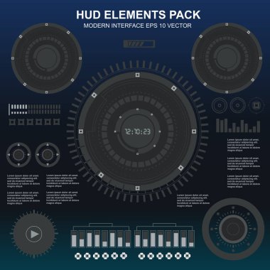 Düz tasarımda gelecekçi siyah-beyaz HUD, sanal dokunmatik kullanıcı arayüzü