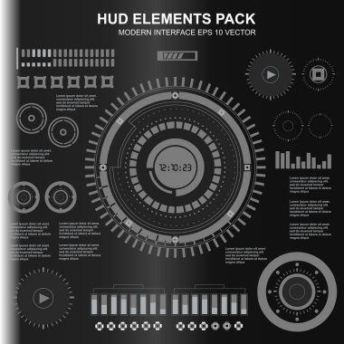 Düz tasarımda gelecekçi siyah-beyaz HUD, sanal dokunmatik kullanıcı arayüzü