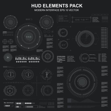 Düz tasarımda gelecekçi siyah-beyaz HUD, sanal dokunmatik kullanıcı arayüzü