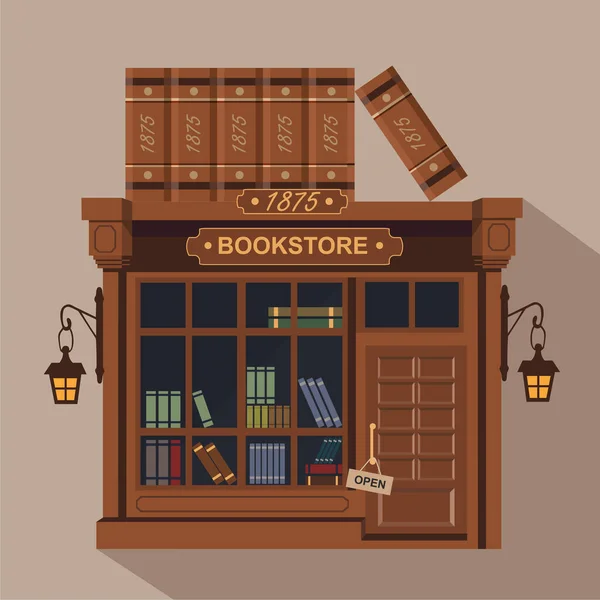 Boeken Winkel Gebouw Met Boeken Iconen Set Vector Illustratie — Stockvector