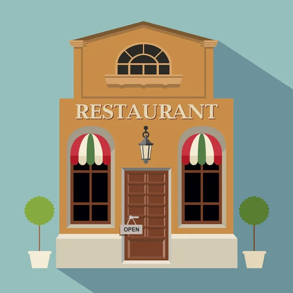 フラットスタイルのレストランやカフェのイラスト ウエイトレスとメニューボードが近くに立っているアイソメトリックディナーの建物 デザート ドリンク アイスクリーム ビストロサービス 影とベクトルカフェのアイコン — ストックベクタ