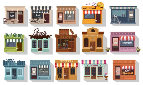 Bir sürü güzel dükkan. Şirin küçük dükkanlar, restoranlar ya da butikler. Cafe bistro ve küçük dükkanlar. Büyük simge seti