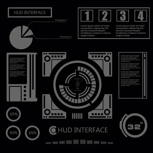 Düz tasarımda gelecekçi siyah-beyaz HUD, sanal dokunmatik kullanıcı arayüzü