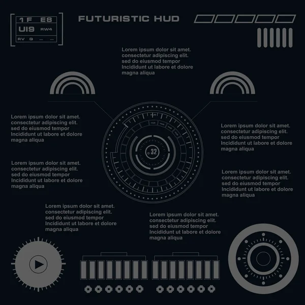 Düz tasarımda gelecekçi siyah-beyaz HUD, sanal dokunmatik kullanıcı arayüzü