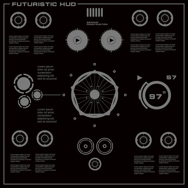 Düz tasarımda gelecekçi siyah-beyaz HUD, sanal dokunmatik kullanıcı arayüzü