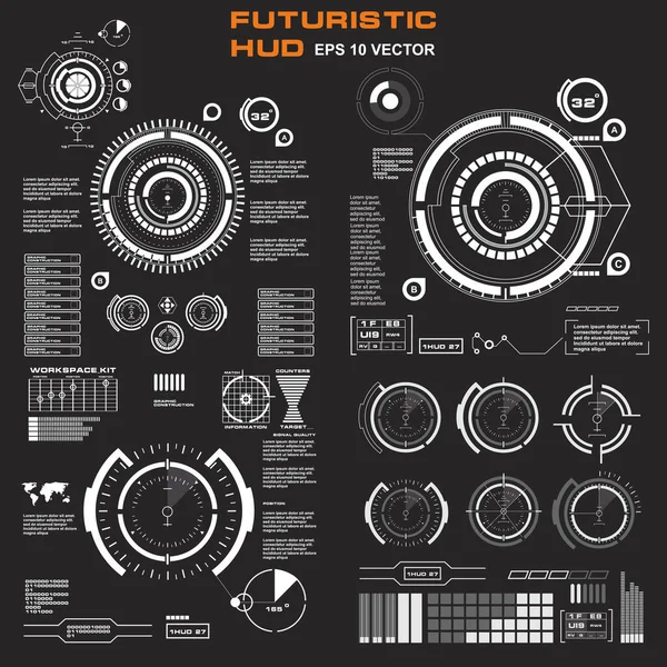 Düz tasarımda gelecekçi siyah-beyaz HUD, sanal dokunmatik kullanıcı arayüzü