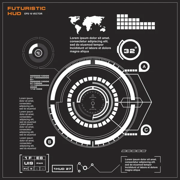 Düz tasarımda gelecekçi siyah-beyaz HUD, sanal dokunmatik kullanıcı arayüzü