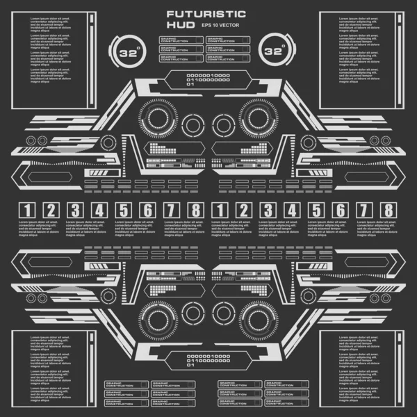 Düz tasarımda gelecekçi siyah-beyaz HUD, sanal dokunmatik kullanıcı arayüzü