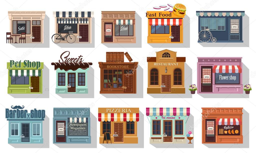 Set of pretty shops. Illustration of set of cute little shops and restaurants or boutiques. Cafe bistro and little shops. Big icon set