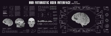 Beyin taraması yüz tanıma biyometrik teknolojisi. HUD tıbbi sanal dokunmatik kullanıcı arayüzü.