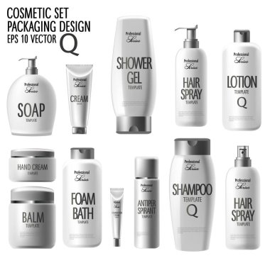 Gerçekçi kozmetik ürünleri, saç şampuanı, sabun ve el kremi. Premium ürünlerin tanıtımı, gerçekçi kozmetik ürünleri, kozmetik ürünlerinin çizimi