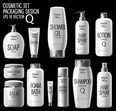 Gerçekçi kozmetik ürünleri, saç şampuanı, sabun ve el kremi. Premium ürünlerin tanıtımı, gerçekçi kozmetik ürünleri, kozmetik ürünlerinin çizimi