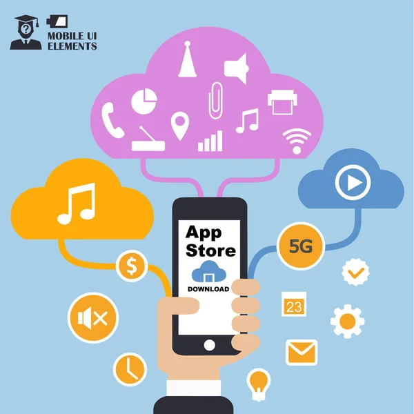 Mobile App Store Conceito Ilustração Design Plano Mão Humana Com — Vetor de Stock