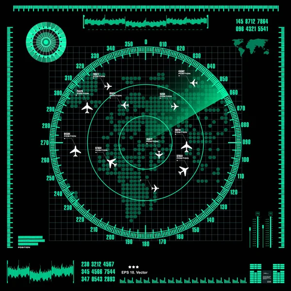 Pantalla de radar verde sobre fondo negro, interfaz HUD — Vector de stock