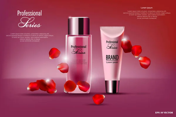Cosmetici realistici, illustrazione di cosmetici per promuovere prodotti premium, shampoo per capelli, sapone e crema per le mani — Vettoriale Stock