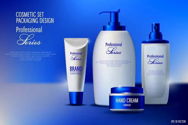 Cosmetici realistici, illustrazione di cosmetici per promuovere prodotti premium, shampoo per capelli, sapone e crema per le mani — Vettoriale Stock