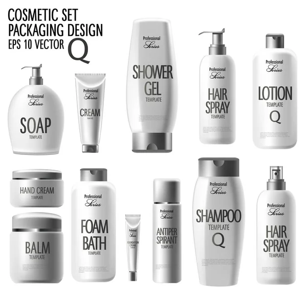 Gerçekçi kozmetik ürünleri, saç şampuanı, sabun ve el kremi. Premium ürünlerin tanıtımı, gerçekçi kozmetik ürünleri, kozmetik ürünlerinin çizimi