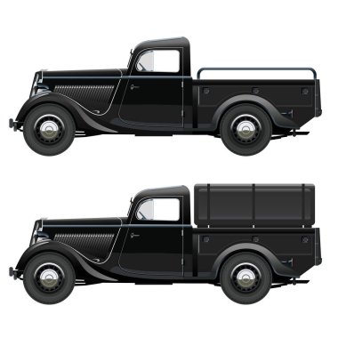 Resimli gerçekçi geçmişe dönük pikap, kamyon, beyaz arka planda retro araba