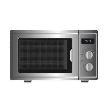 Beyaz arkaplanda gerçekçi gümüş bir mikrodalga resmi