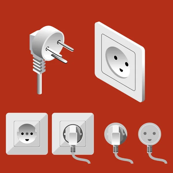 Illustration Interrupteurs Électriques Isométriques Prises Réglées Sur Fond Rouge — Image vectorielle