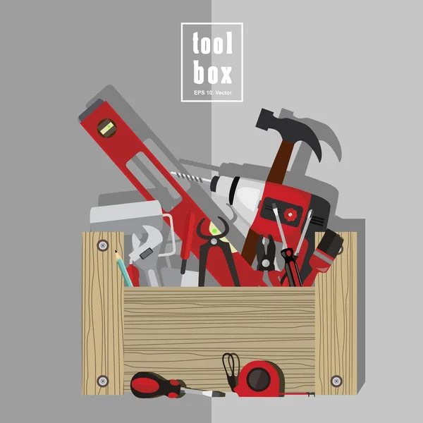 ツール 建設ツール 平面設計上の要素と現実的な木製の箱のイラスト — ストックベクタ