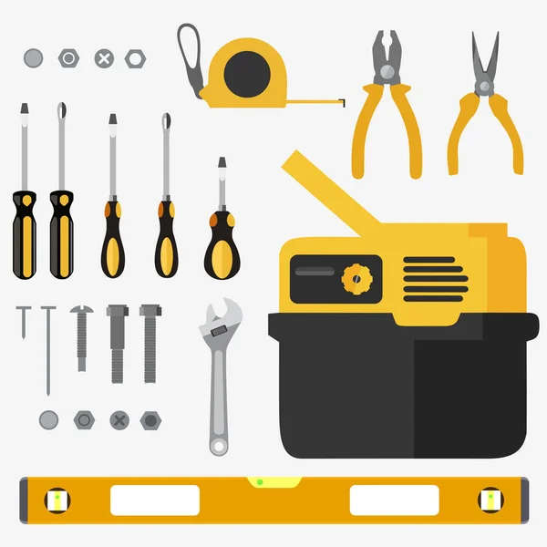 Ilustración Realista Conjunto Herramientas Construcción Diseño Plano — Vector de stock