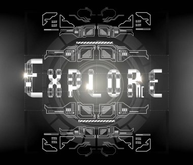 Keşfedin. Yazdırma ve ağ için HUD elemanları içeren kavramsal düzen. Fütürist kullanıcı arayüzü ile harf