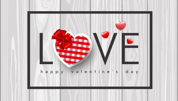 Valentine Day Red Heart Red Bow Black Frame Wooden Background — Stock Vector