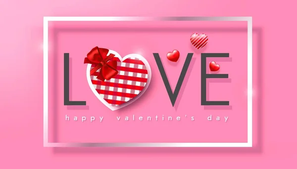 Valentine Day Checkered Heart Red Bow White Frame Pink Background — Stock Vector