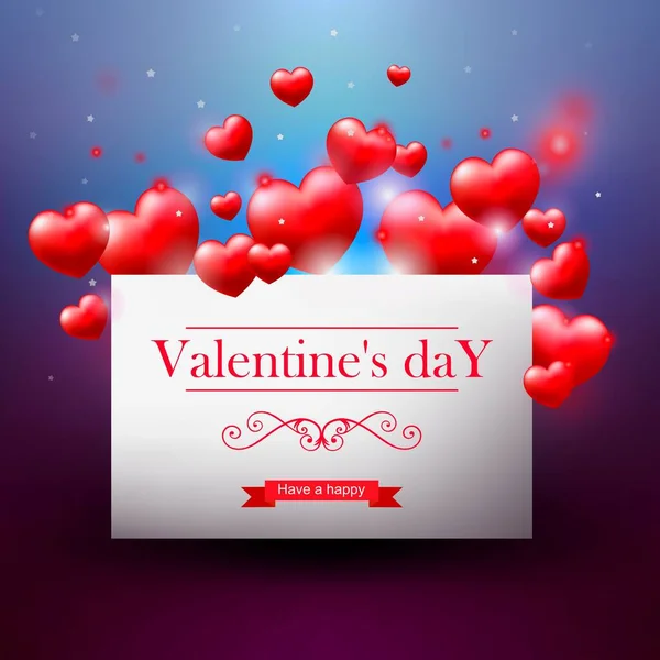 Valentine Day White Card Red Hearts Realistic Illustration — Stock Vector