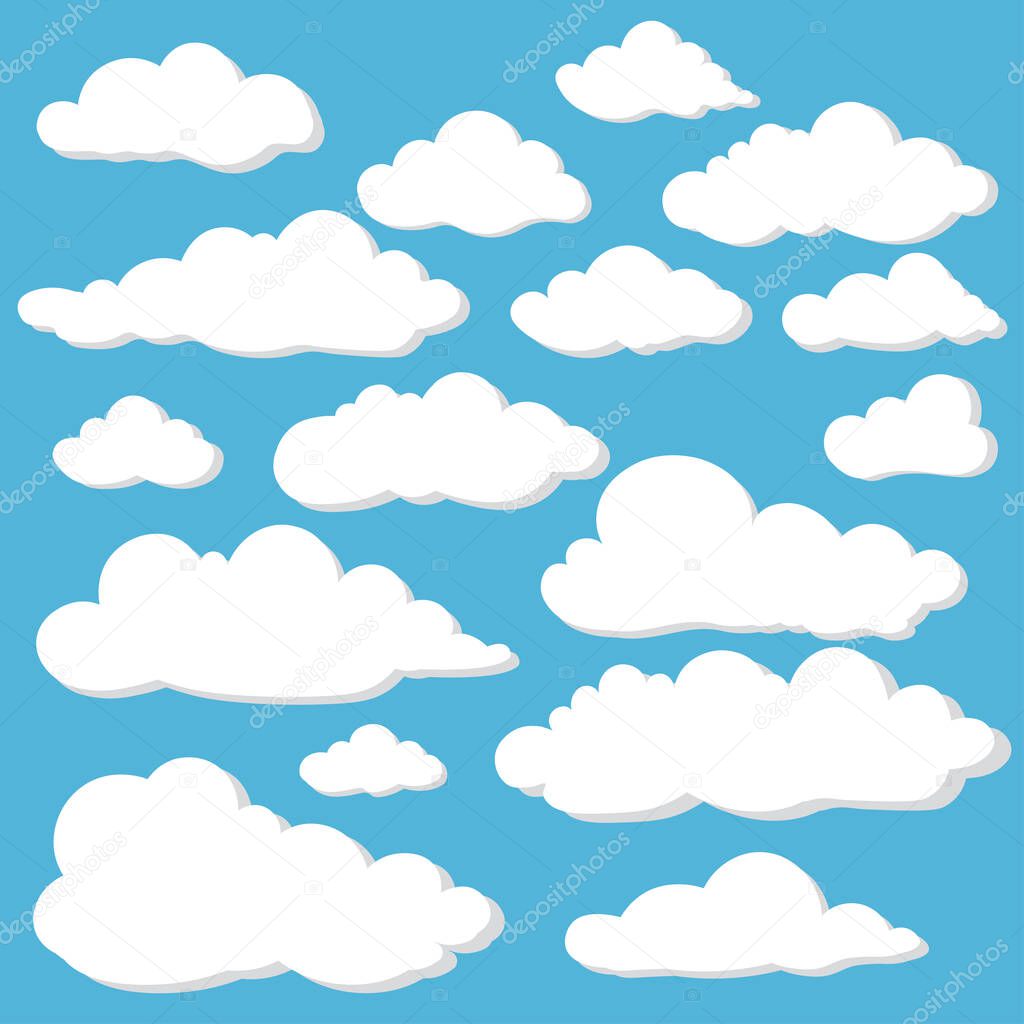 Cartoon Clouds Set On Blue Sky Background. Set of funny cartoon clouds, smoke patterns and fog icons, for filling your sky scenes or ui games backgrounds. Vector art