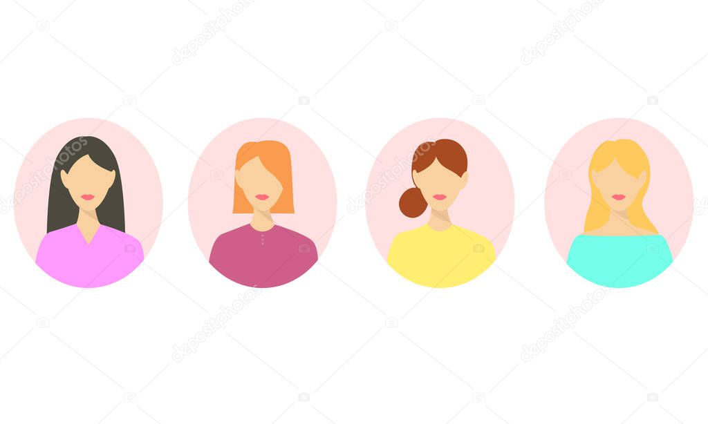 Female avatars in a circle. Different faces. Different hairstyles. Models. Beautiful faces. Icons for the site. A collection of four faces.