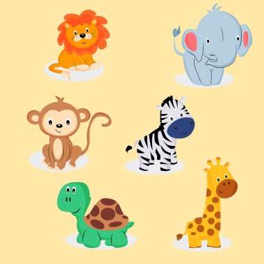Safari Hayvan seti. Safari Hayvanlar. Tişört, yatak ya da giysi baskısı. Çocukların hayvanları. Aslan, fil, maymun, zebra, kaplumbağa ve zürafa
