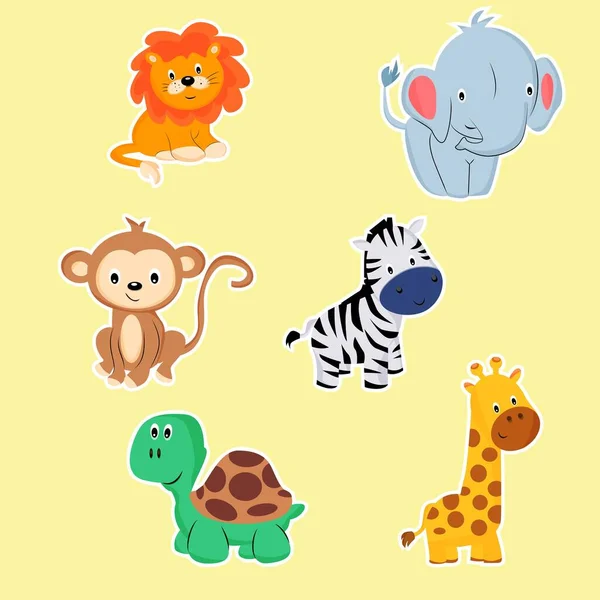 Hayvan çıkartmaları. Hayvan seti. Tişört, yatak ya da giysi baskısı. Çocukların hayvanları. Aslan, fil, maymun, zebra, kaplumbağa ve zürafa. Çocuk safarisi için çıkartmalar 