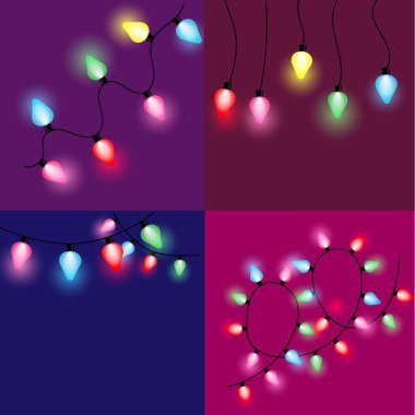 Ampul seti. Tatil ampulleri. Çelenk. Yeni yıl. Tatil günü. Duvar kağıdı ya da ampul arkaplanı. Sancak, ikon. Parlayan ampuller