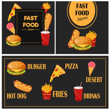  Fast food menu. Menu. Fast food. Cafe. Burger. Coca Cola. Hot dog. French fries. Pizza