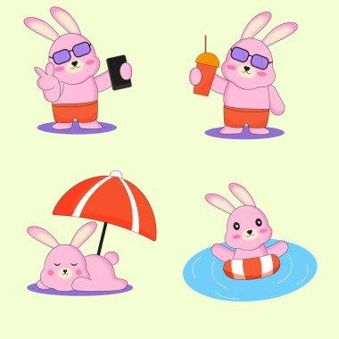 Bir çift tavşan tavşan tavşan etiketi. Kumsaldaki tavşan. Yazın tavşan. Tavşan selfie çekiyor. Tavşan yüzüyor.