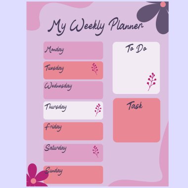 Haftalığım. Çiçekli haftalık takvim. Görevler. Haftalık pembe takvim