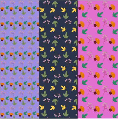 Mantarlı, yapraklı ve çiçekli sonbahar desenleri yeşil, mavi, siyah, leylak