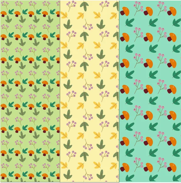 Set Autumn Patterns Mushrooms Leaves Flowers Green Lavender Yellow — Stock Vector