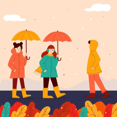 Sonbahar. Şemsiyenin altında sonbahar yürüyüşü, insanlarla tanışmak. Erkek, kız kırmızı, turuncu, sarı.