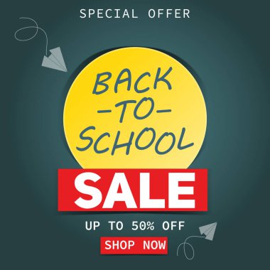 Autumn. Back to School. Sale. Special offer. 50% off. Buy now. In yellow, white, red
