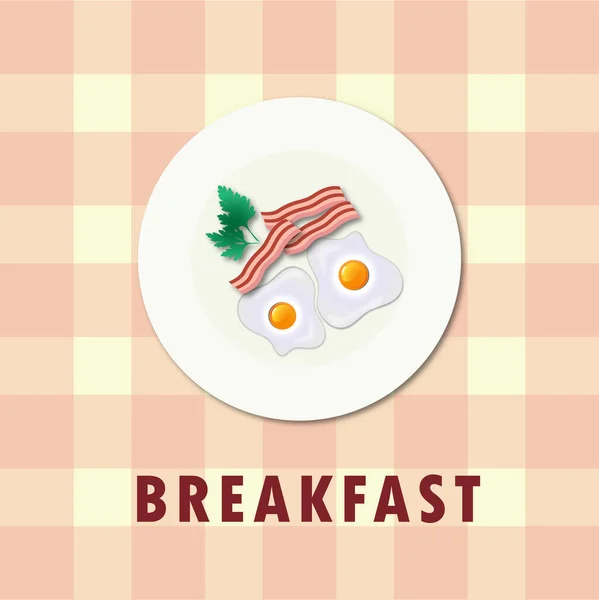 Sahanda Yumurta Maydanoz Şifalı Otlar Kızarmış Pastırma Kahvaltıda Kırmızı Kareli — Stok Vektör