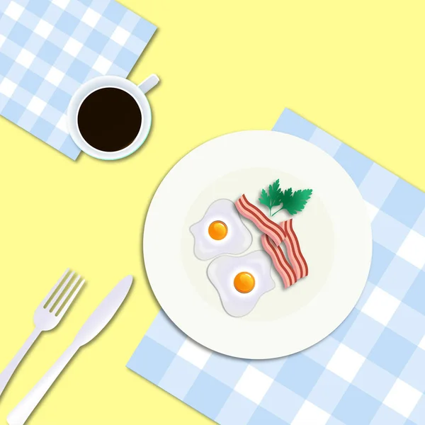 Breakfast Plate Two Fried Eggs Parsley Herbs Fried Bacon Fork — Image vectorielle