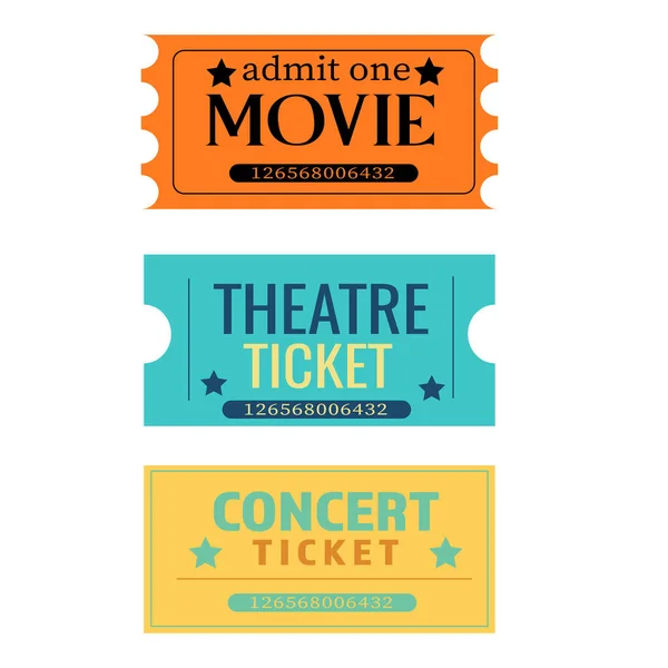 Conjunto Entradas Para Concierto Película Teatro Naranja Azul Amarillo — Vector de stock