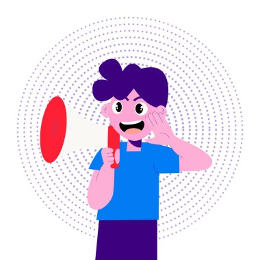  Bir adam, bir adam bağırıyor, bir ağza konuşuyor, mavi bir hoparlör.