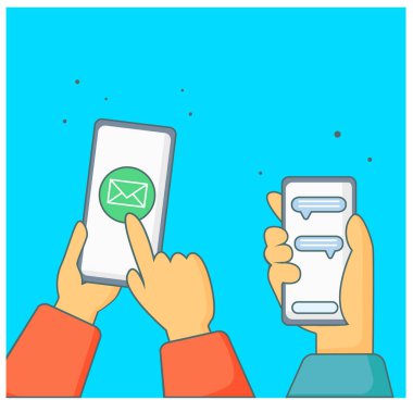 Sosyal medya pazarlaması. Akıllı telefonu tutan iki el. İletişim, mesaj